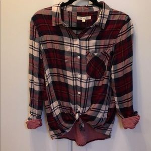 Plaid light flannel shirt with front tie.